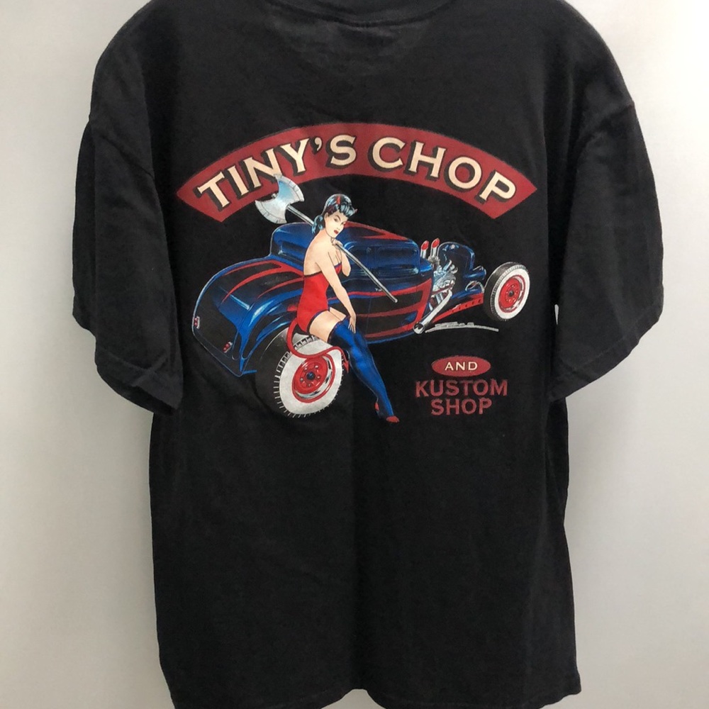 🆕Tiny’s Chop & Kustom shop! T-shirt! screen front & back! Black! L! 100% cotton!